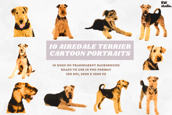 10 Airedale Terrier Cartoon Portraits Dog