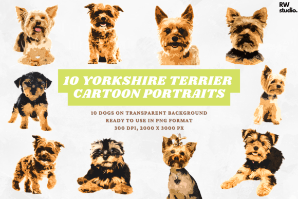 10 Yorkshire Terrier Cartoon Portraits: A Versatile Digital Asset for Creative Projects